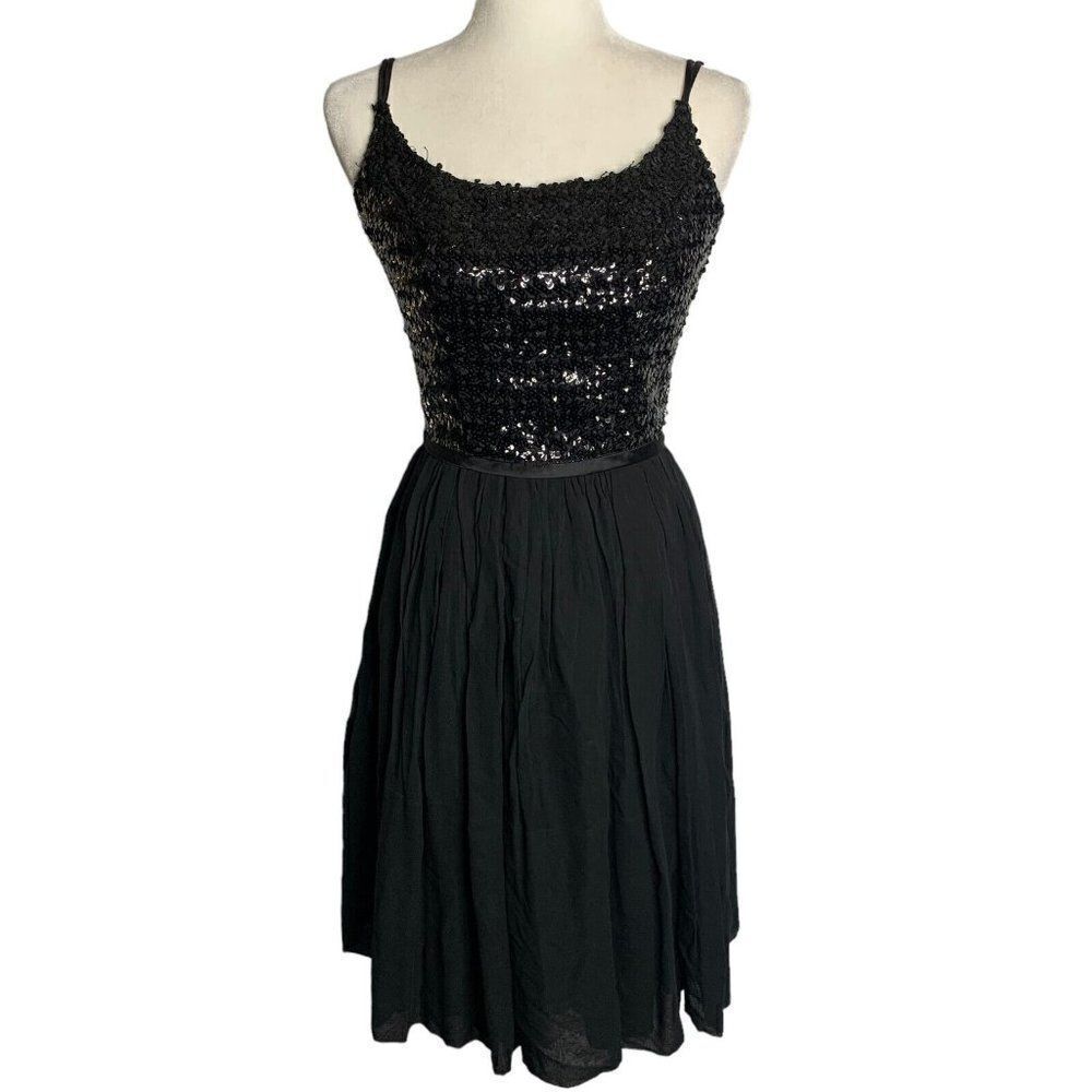 Vintageβ50s Sequin Evening Swing Dress S Black Sleeveless Chiffon LinedβZipper